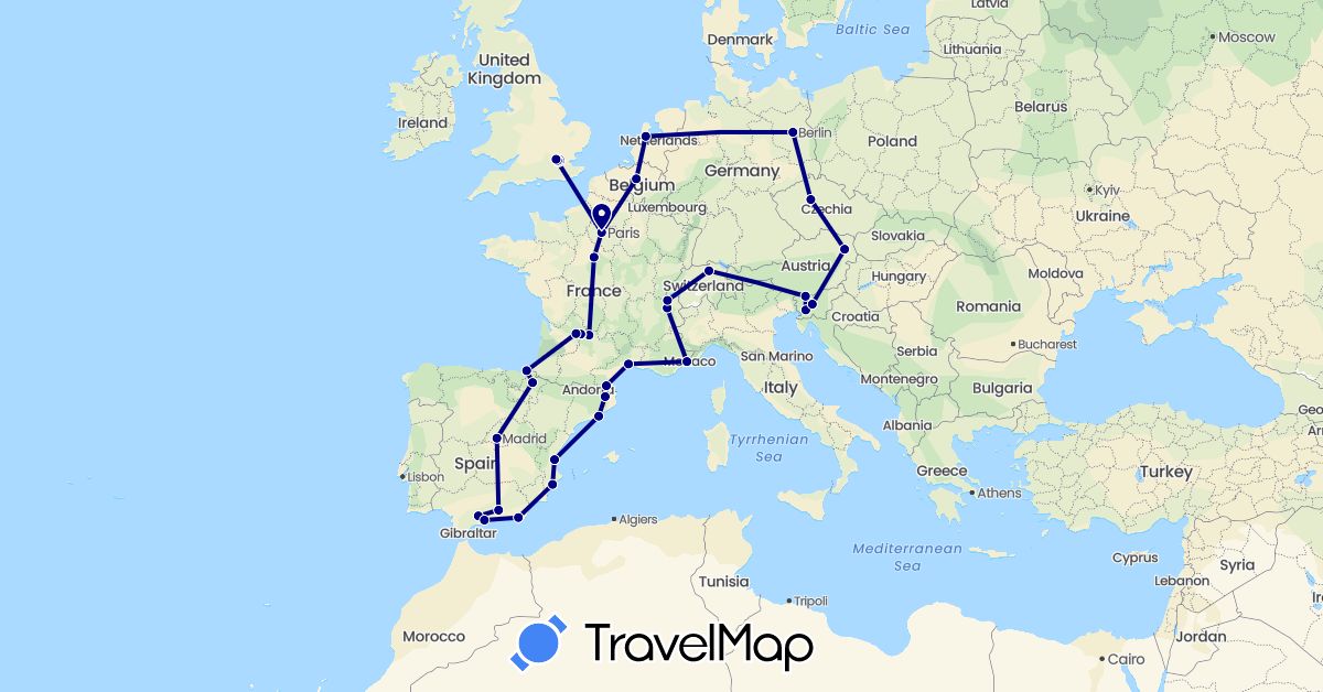 TravelMap itinerary: driving in Austria, Belgium, Switzerland, Czech Republic, Germany, Spain, France, United Kingdom, Netherlands, Slovenia (Europe)